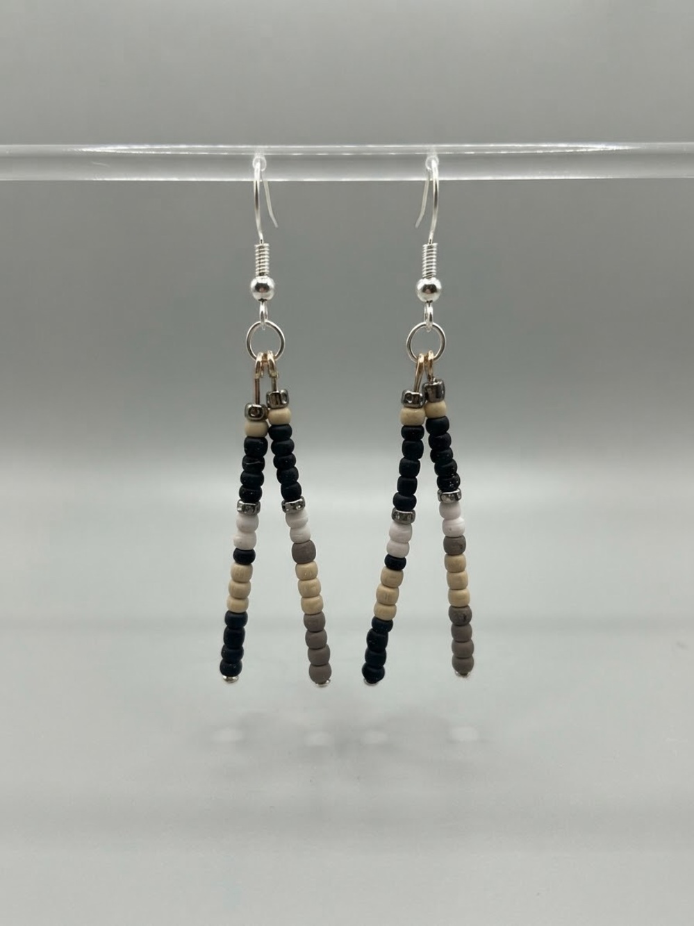 Handmade Beaded Dangle Earrings in Black, Cream & Gray - Women Jewelry